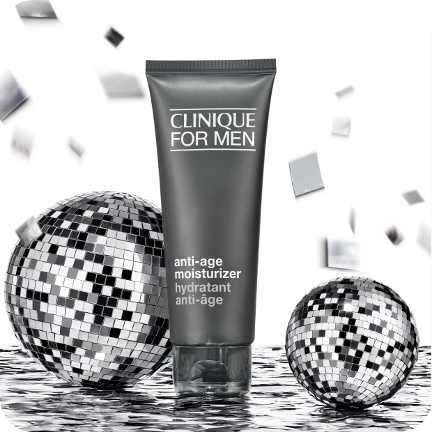 Clinique for Men Anti-Ageing Moisturizer surrounded by silver confetti